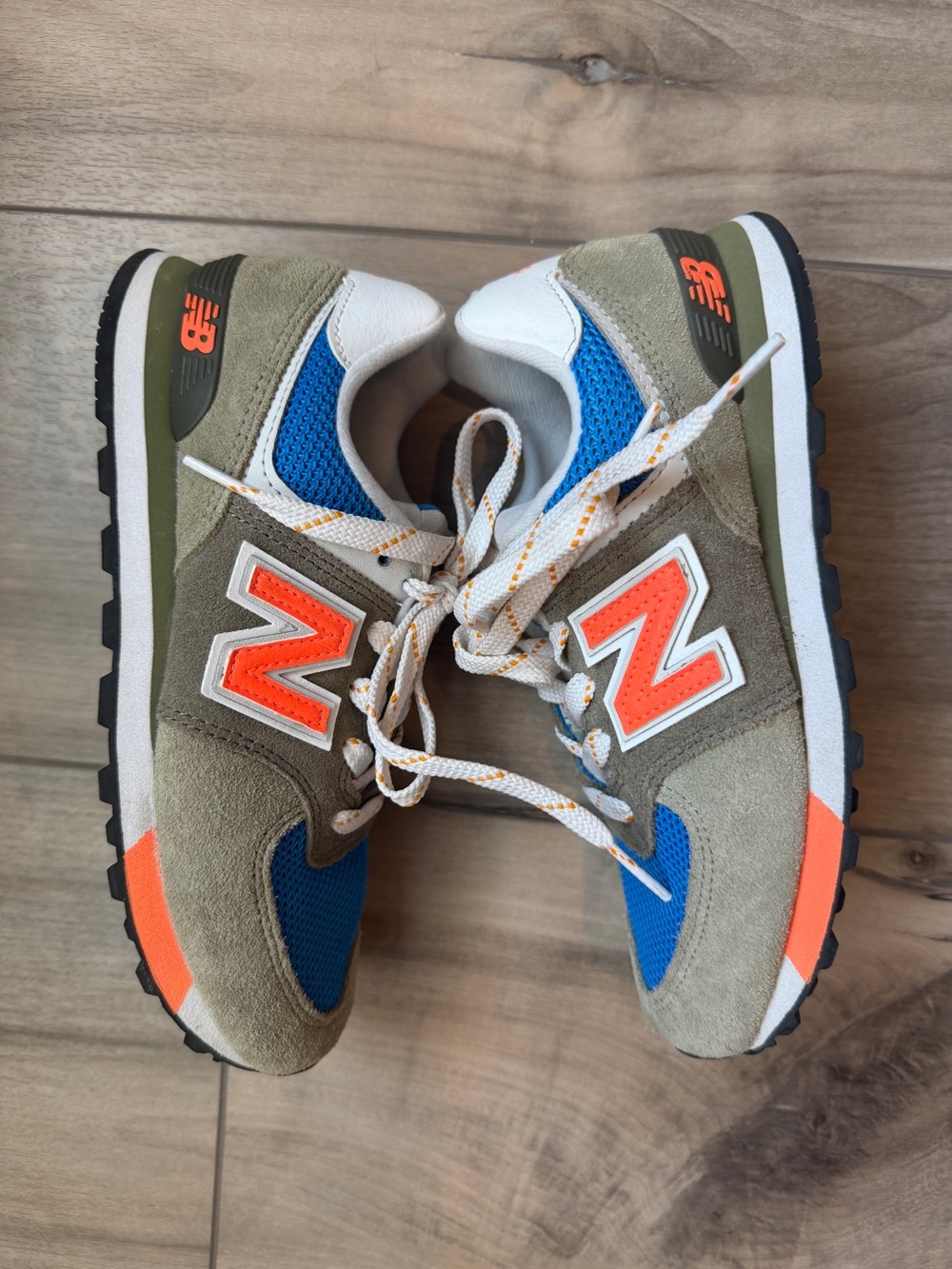 New Balance 574 Kids Olive, Blue & Orange Suede Mesh Sneaker